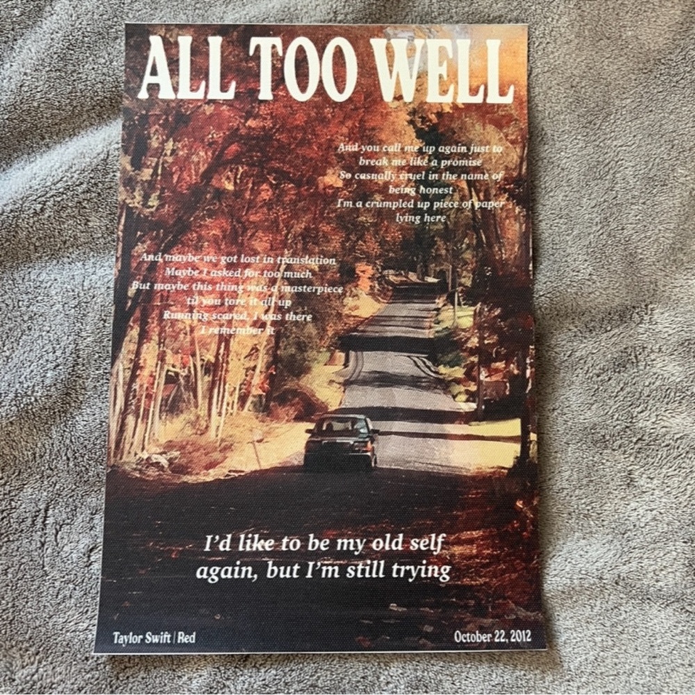 Taylor Swift All Too Well Poster Art Lyrics Red TV ATW Decor Dorm Print